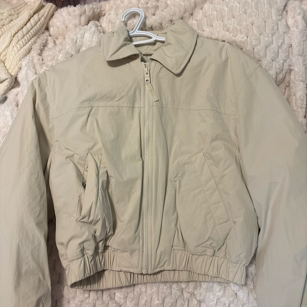 Garage Beige Cropped Zip Bomber Jacket